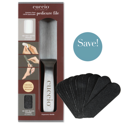 Purchase a Stainless Steel Pedicure File Kit contains handle, 15 of 80 grit & 15 of 180 grit and get 1 pack of 60 grit refill papers FREE!