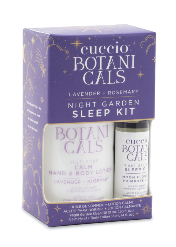 A product image featuring the NIGHT GARDEN SLEEP KIT by Cuccio Botanics, which includes a bottle of hand & body lotion and a sleep oil, both with lavender and rosemary colors.