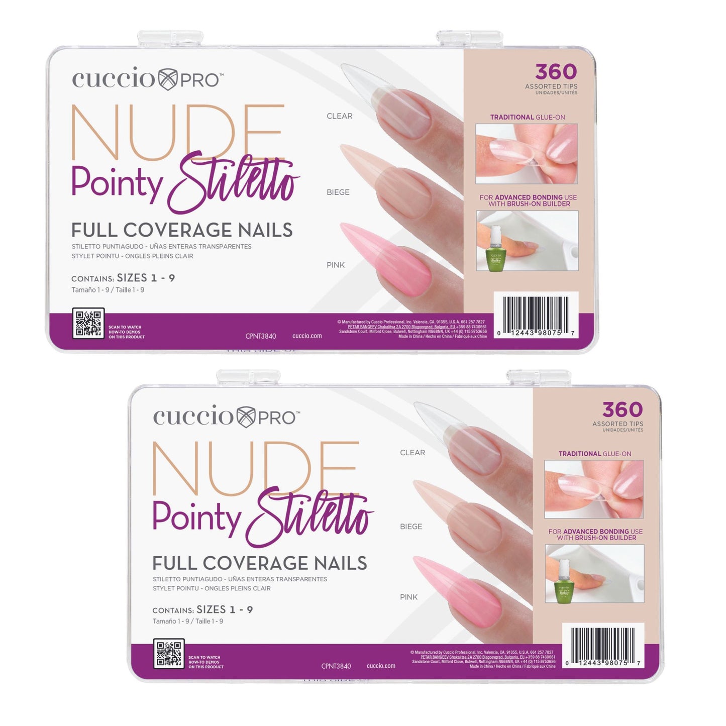 Bundle: 2 Full Coverage Nail Tips -Nude Stiletto Ultra Clear & Nude - 720 Count